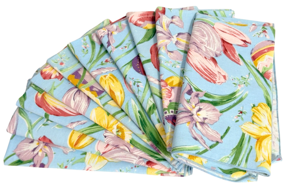 Set of 10 Easter Egg & Spring Tulips Floral Fabric Napkins 17" Sq Blue & Pastels